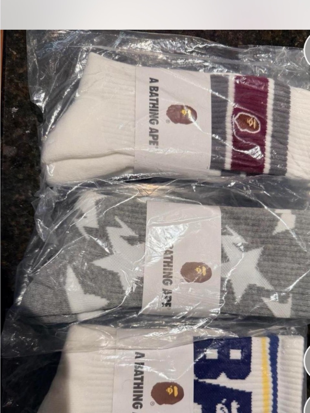Bape Crew Socks Pack in White, Gray & Maroon Accent